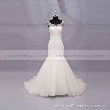 Elegant Scoop Neck Sleeveless Water Solouable Lace Fish Cut Wedding Gown Chapel Train Beaded